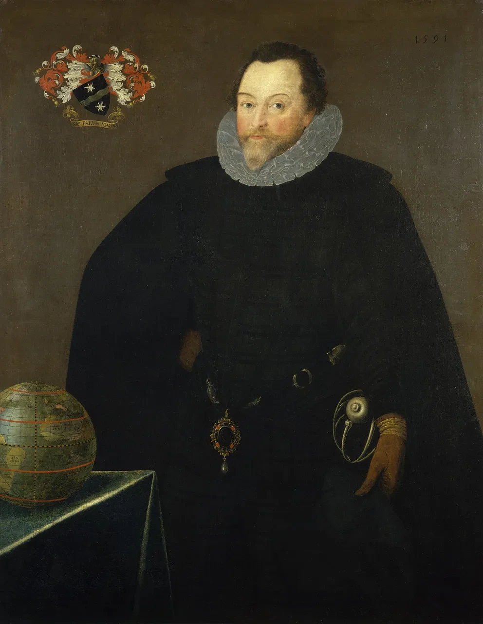 A painting of Sir Francis Drake wearing black with a grey ruff and holding a sword.