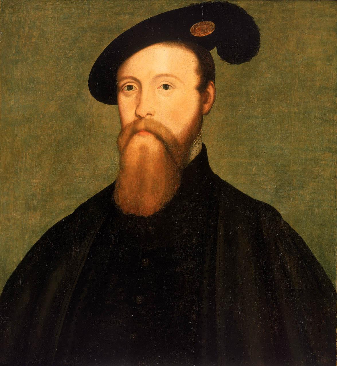 A painting of Thomas Seymour dressed in black with a black hat