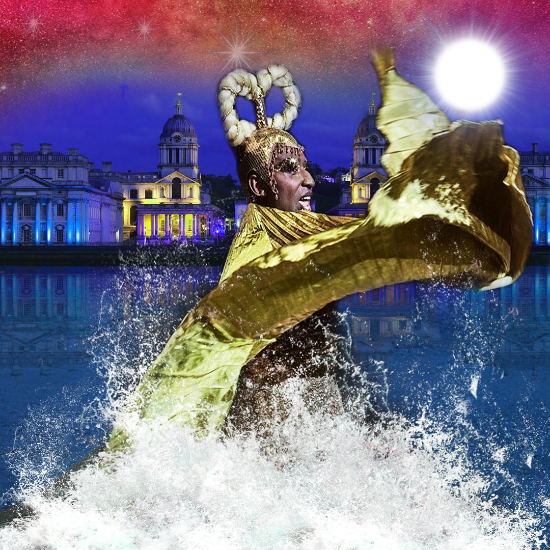 Ebony triumphantly stands in the Thames with waves lashing up around them wearing a gold cloak and bejewelled crown.