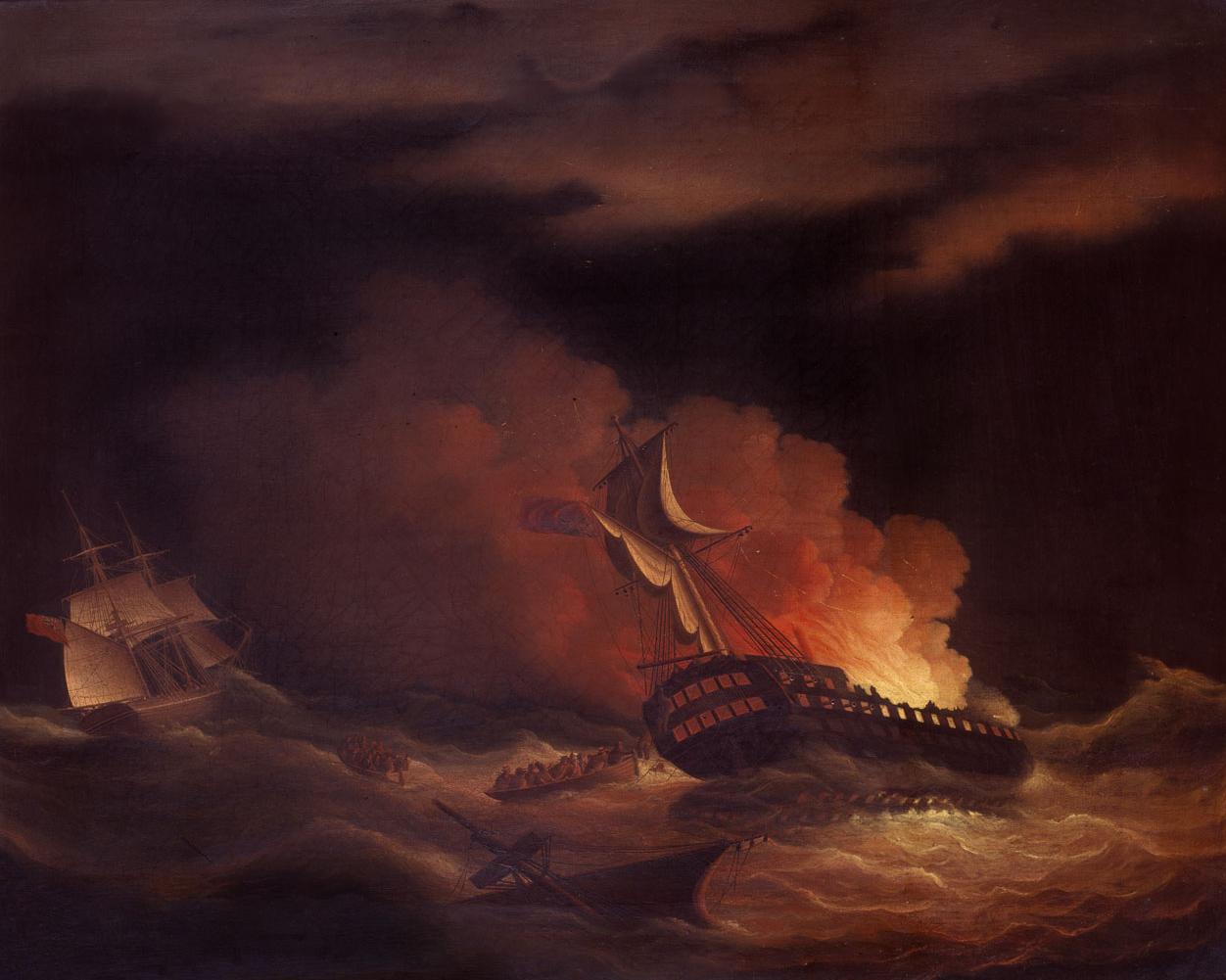 A painting showing a burning ship on a tumultuous sea