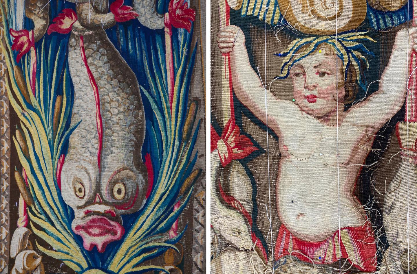 Details in the borders of the Solebay tapestry