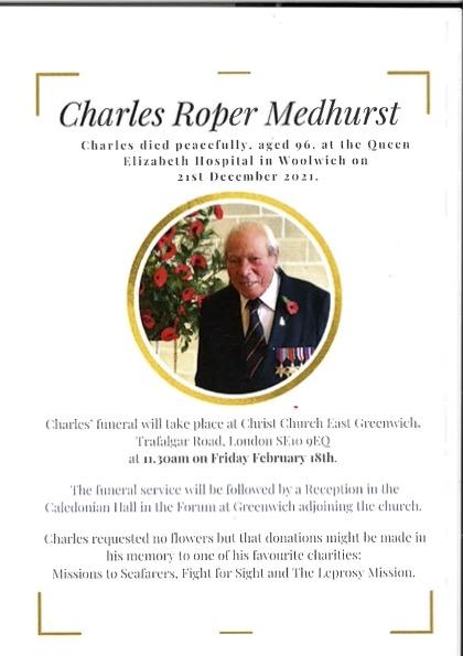 A memorial flyer in memory of Greenwich resident Charles Roper Medhurst, announcing that he passed away on 21 December 2021 and that his funeral would take place on 18 February 2022