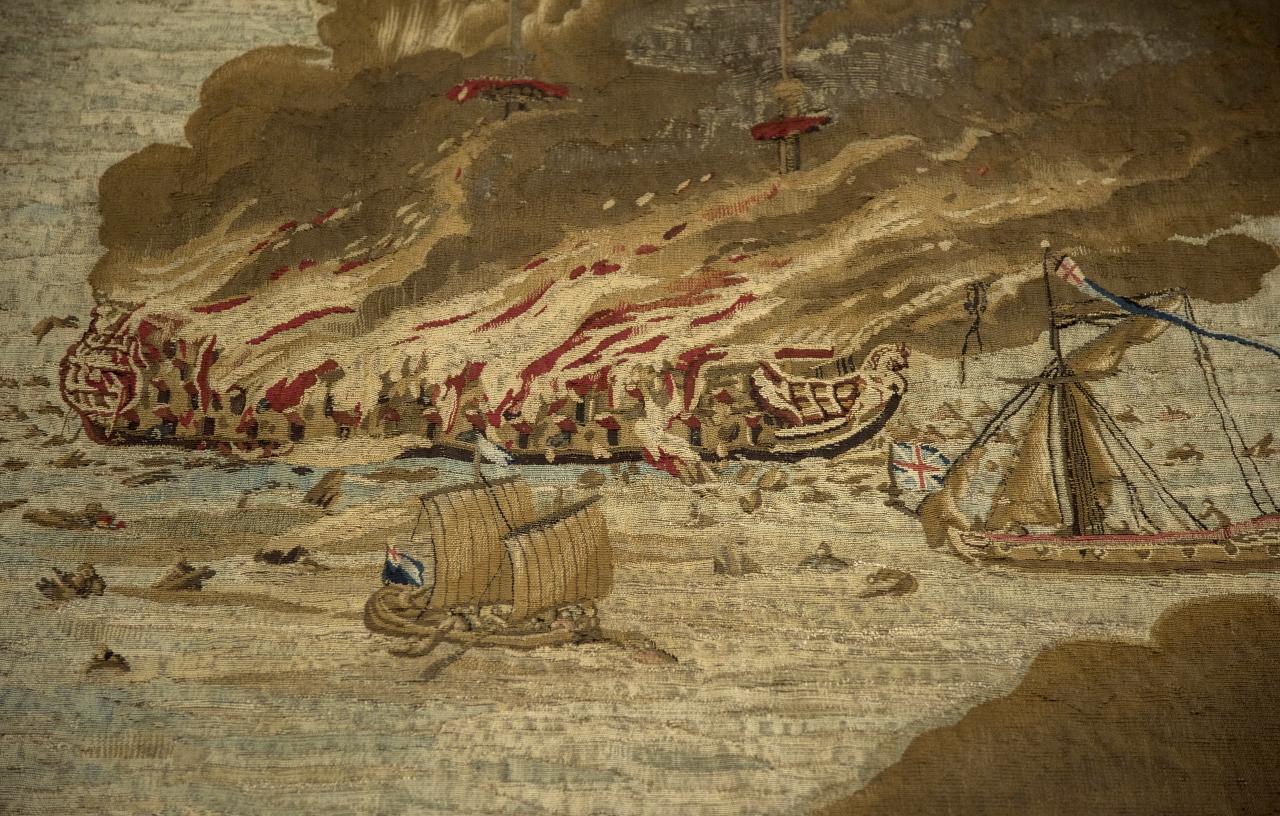 Detail from the Solebay tapestry by Willem van dev Velde showing the burning of the Royal James flagship