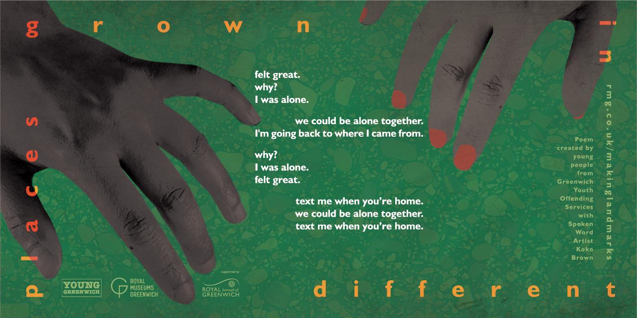 A poster showing two hands with the words 'grown in different places' round the border