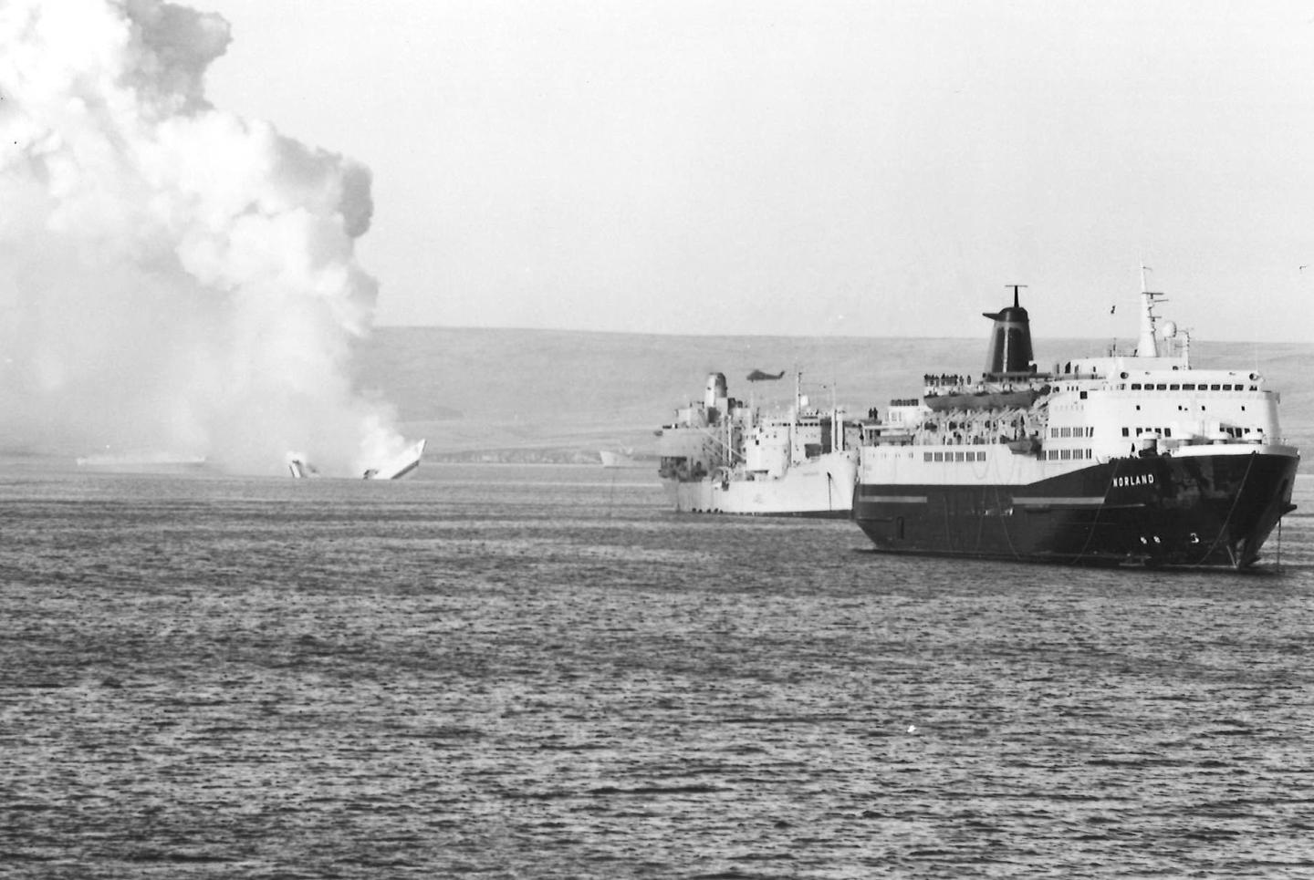 Photograph of a sinking ship in the Falklands