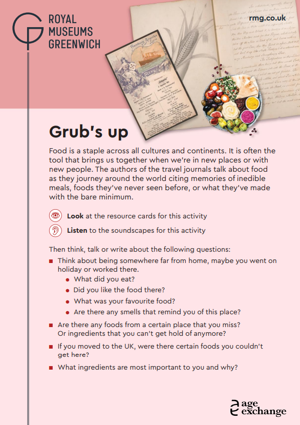 Example of an All Aboard Activity Sheet with memory prompts relating to food when travelling