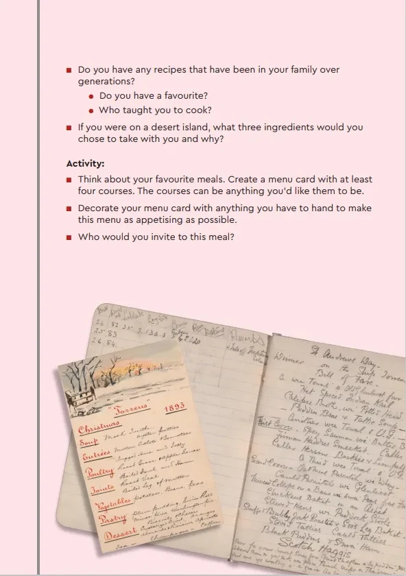 Example of an All Aboard Activity Sheet with memory prompts relating to food when travelling