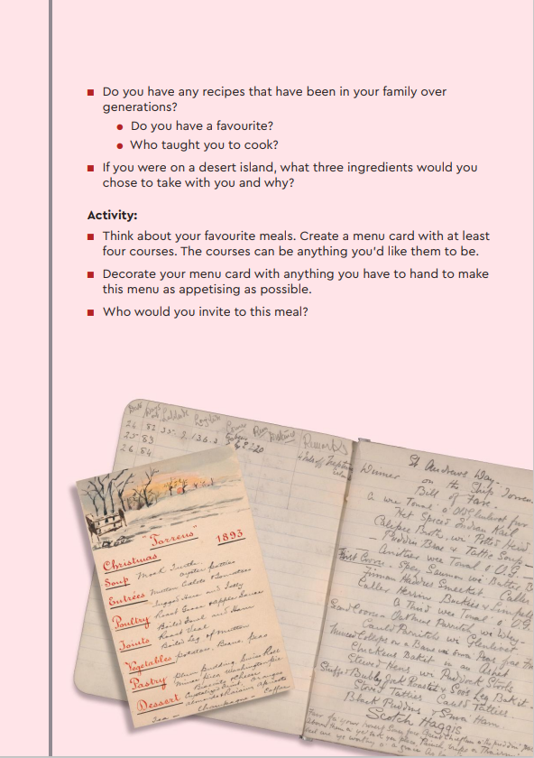 Example of an All Aboard Activity Sheet with memory prompts relating to food when travelling