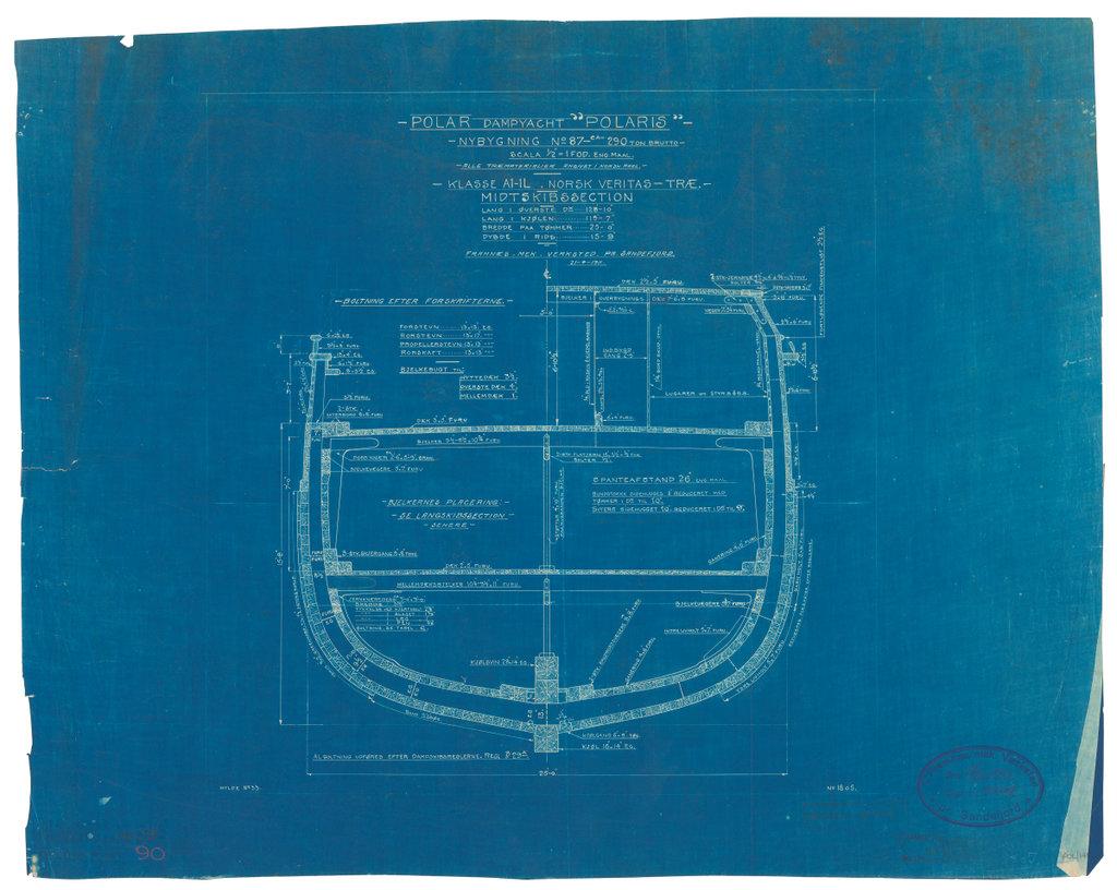 A ship plan showing the original design of polar exploration ship Endurance. It shows the 'midships plan', including a cross section of the ship's hull