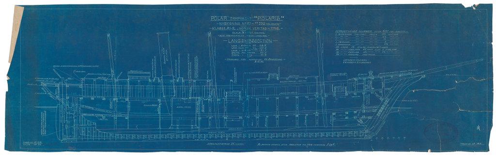 A ship plan showing the original design of Endurance, made on blue paper with detailed white line drawings