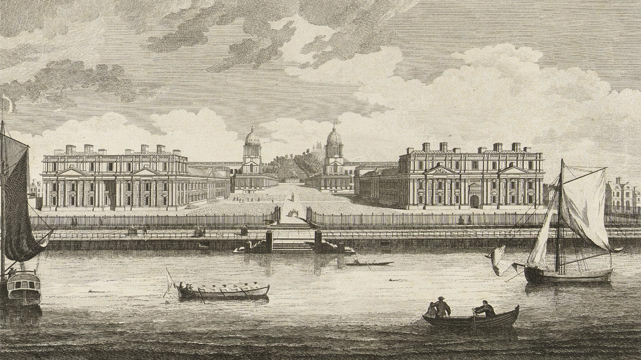 Print of Greenwich Hospital on banks of River Thames