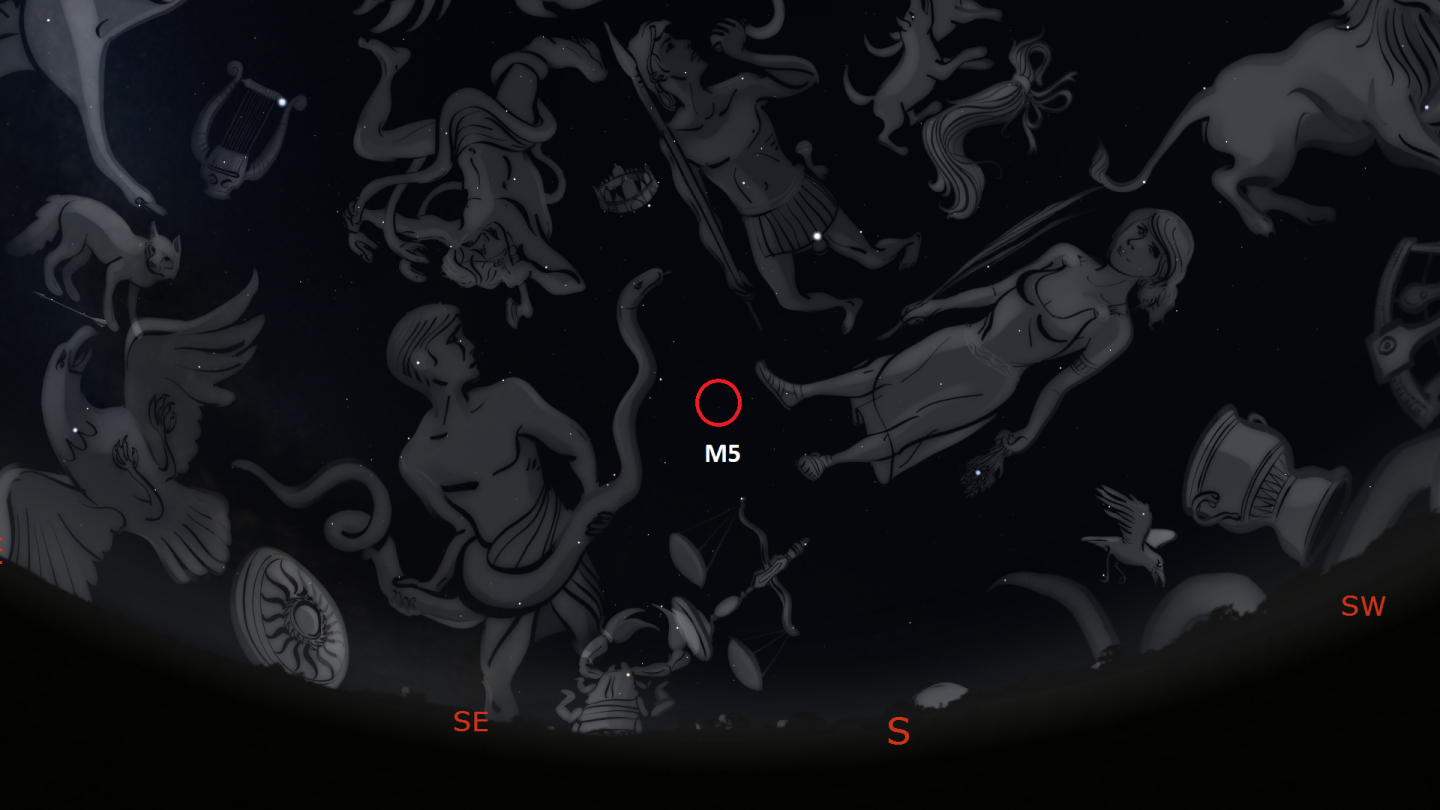 Map of the sky showing the location of the star cluster M5