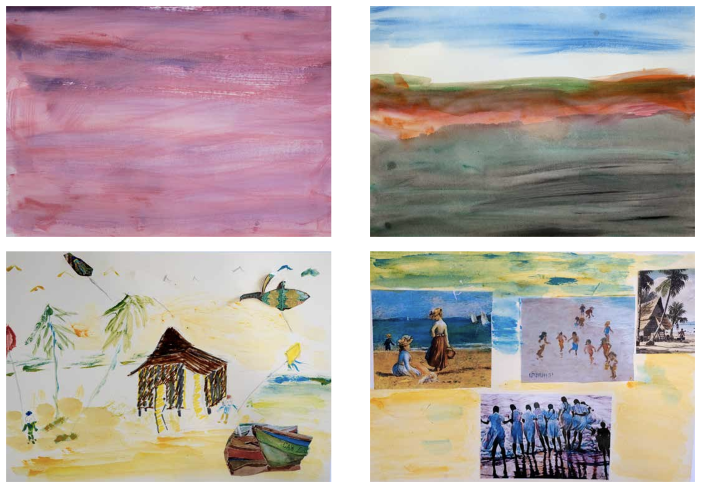 Four paintings of colourful coastal scenes