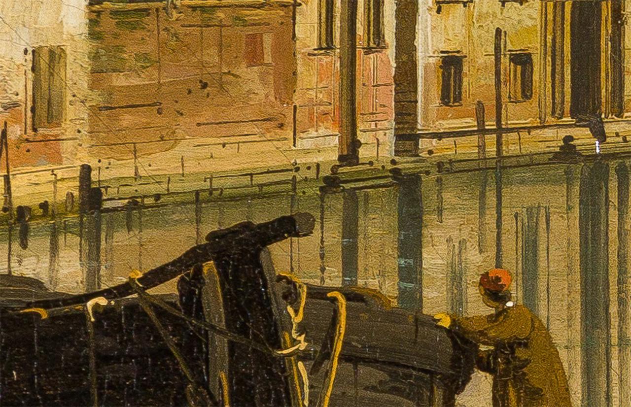 Detail from View of the Grand Canal from the Palazzo Bembo to Palazzo Vendramin-Calergi by Canaletto, showing the algae levels against the buildings of the Grand Canal 