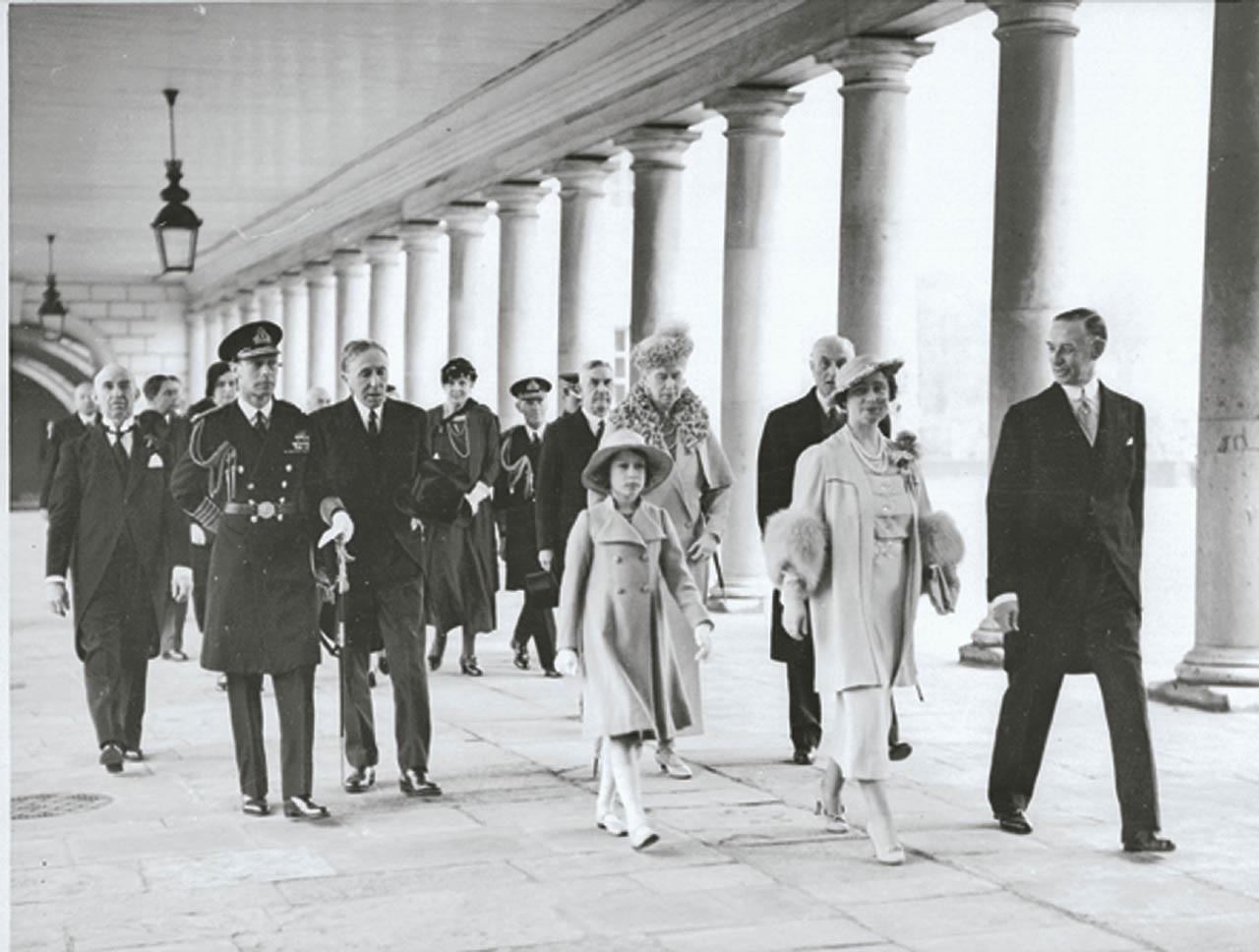 Historic photograph showing the official opening of the National Maritime Museum, with King George VI accompanied by the then-Princess Elizabeth