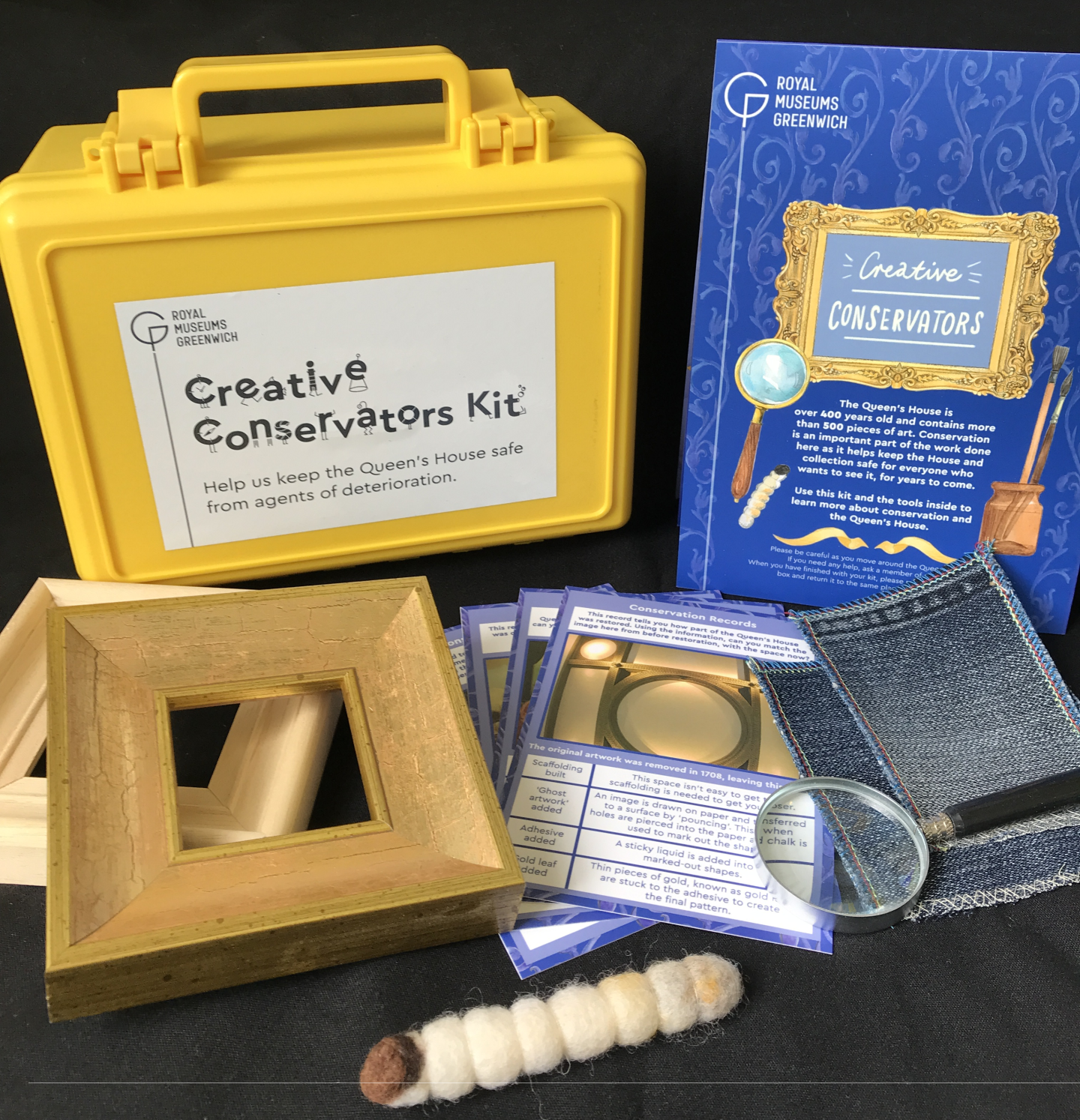 (source of a yellow handled box, trail, two frames, magnifying glass, cards, larvae puppet, fabric, part of new conservation kit picture)