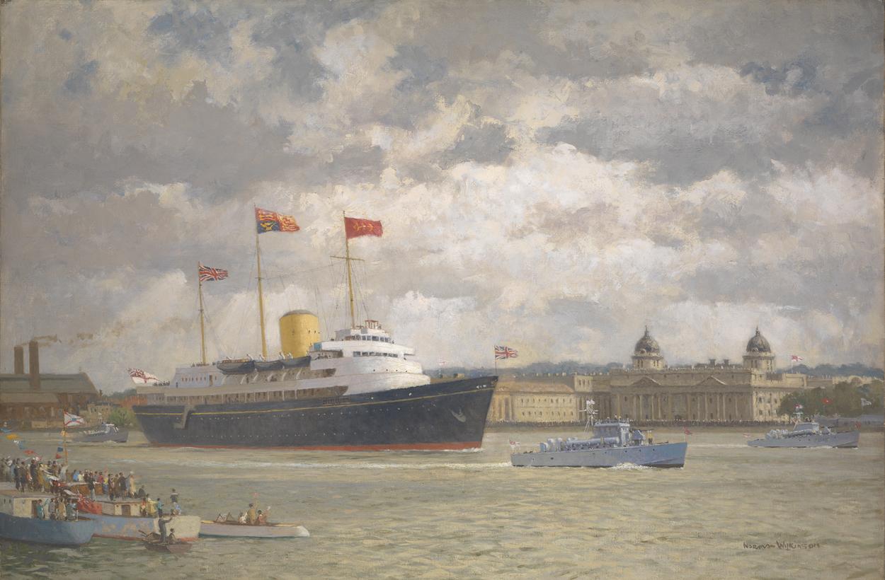 An oil painting showing the royal yacht Britannia sailing up the River Thames, with the historic buildings of Greenwich in the background