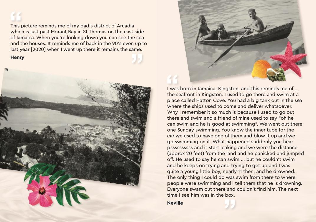 A spread from a booklet talking about the Memories of the Caribbean project, with photos and quotes from participants