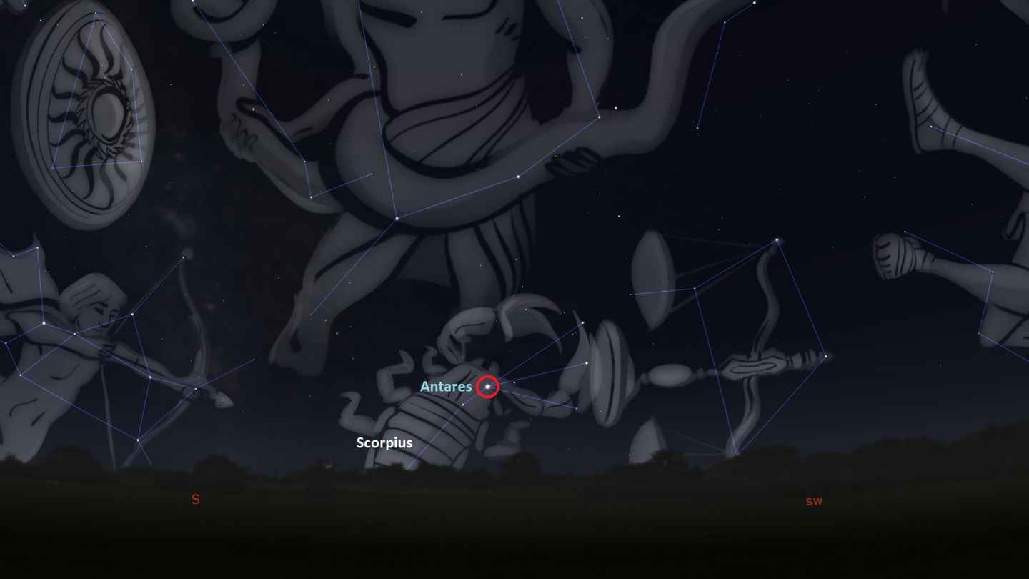 An image showing the artwork of the constellation Scorpius and the location of the red supergiant Antares