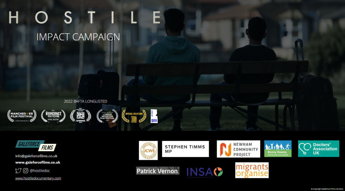 Documentary screen title with photo of two young men sitting on a park bench with suitcases next to them. The title reads 'Hostile' and the image features awards from multiple film festivals and supporting partners