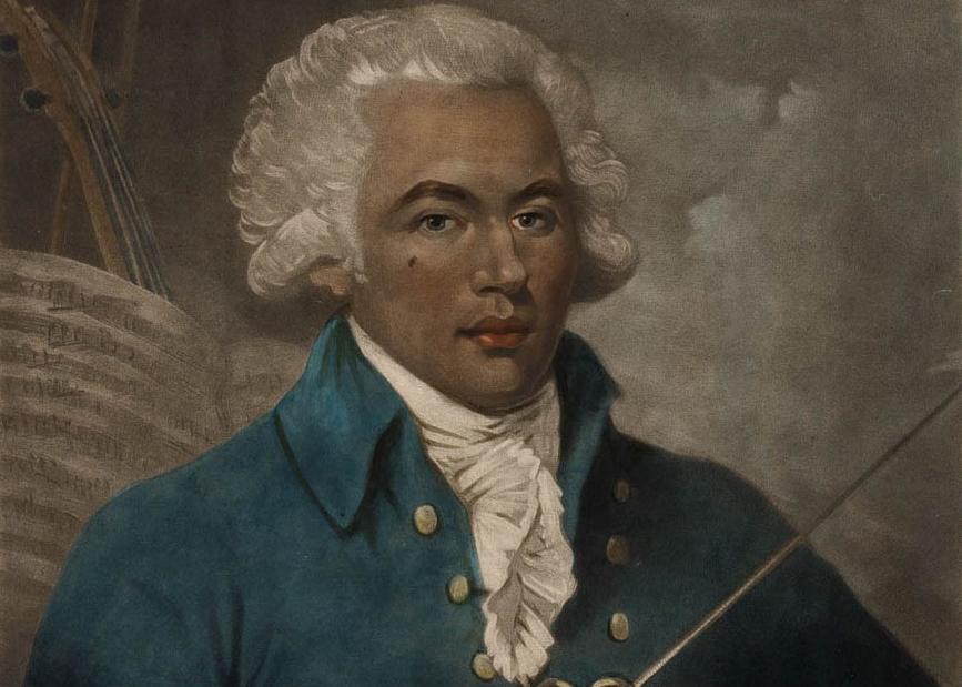 An 18th century portrait of a black man dressed in fine clothes and wig and carrying a sword. Music sheets and a string instrument are in the background