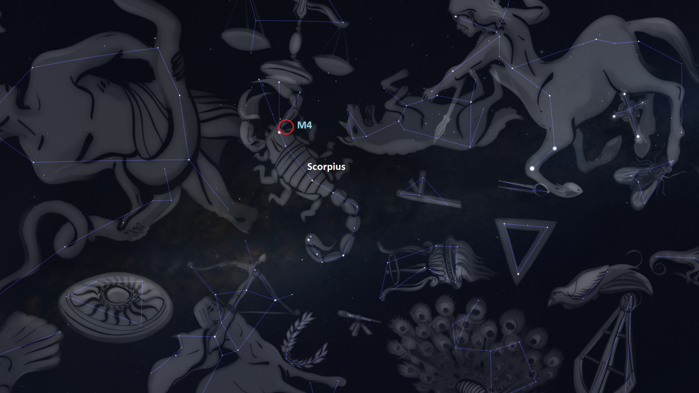 Constellations of the winter night sky in the southern hemisphere showing the location of the M4 globular cluster