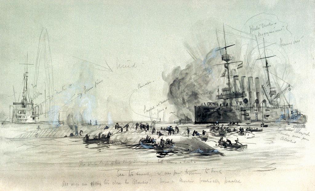 Drawing of the sinking of HMS 'Hogue', 'Cressy', 'Aboukir' by William Lionel Wyllie