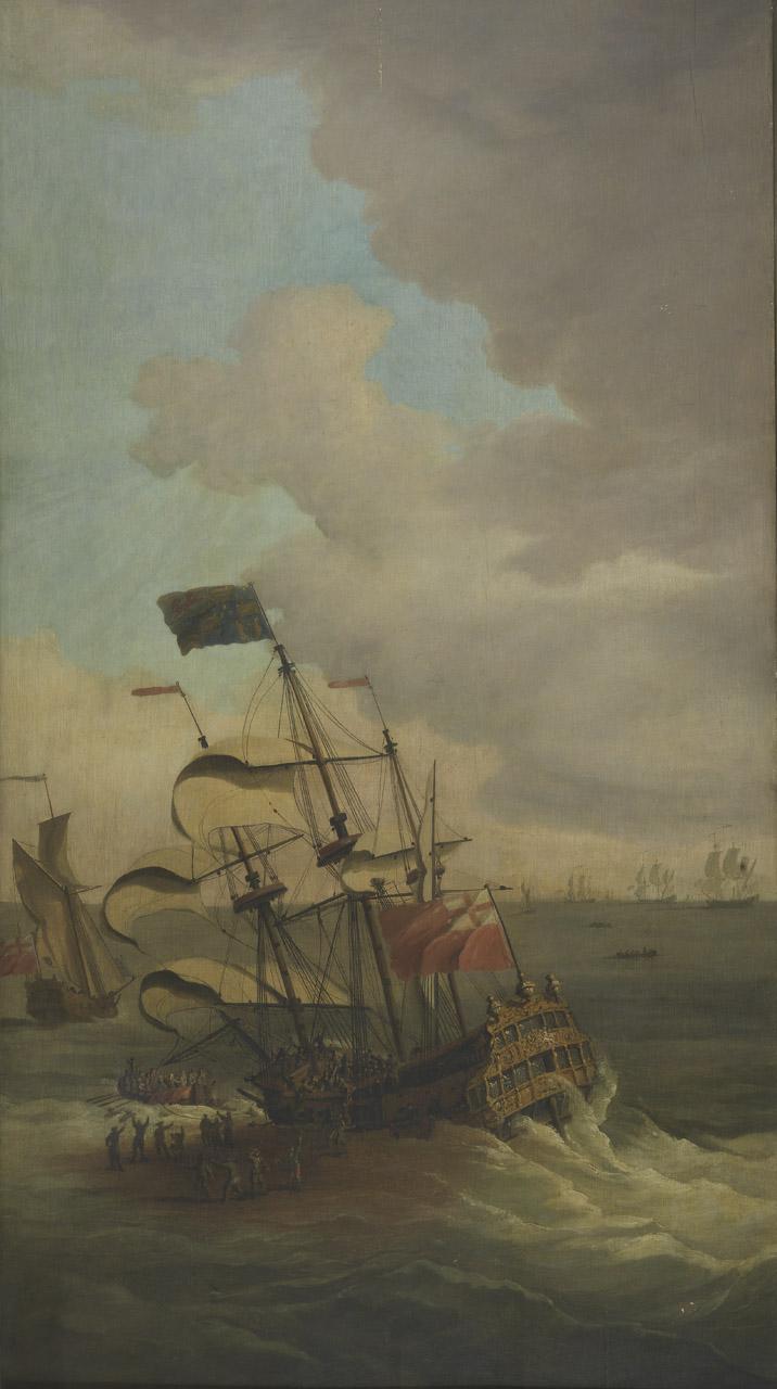 Painting of HMS Gloucester on a sandbank