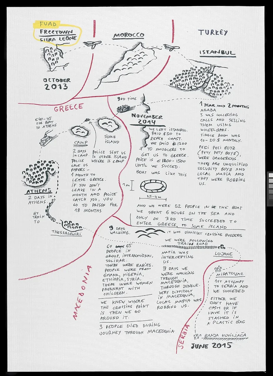 A map narrating a journey from Sierra Leone through Morocco, Turkey, Greece, Macedonia and into Serbia