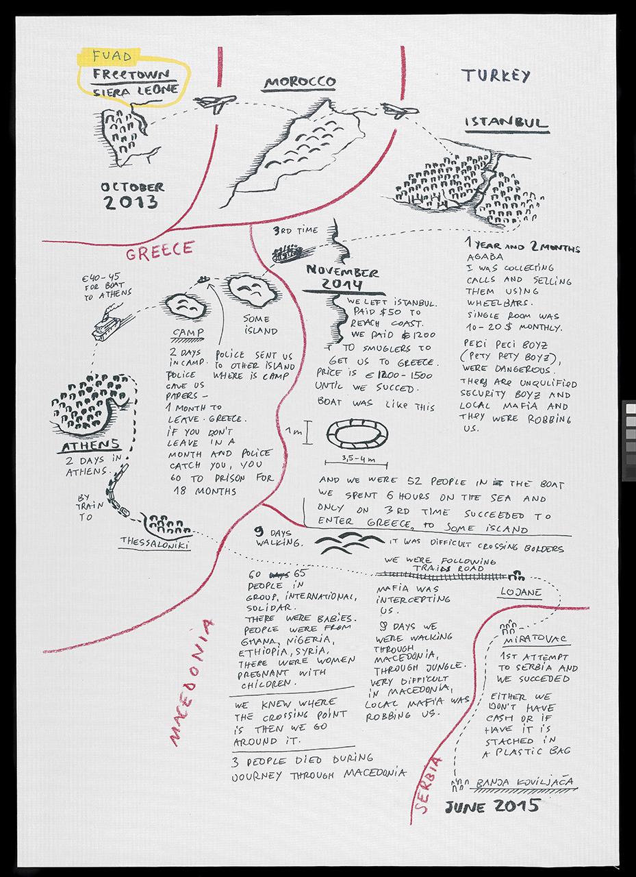 A map narrating a journey from Sierra Leone through Morocco, Turkey, Greece, Macedonia and into Serbia