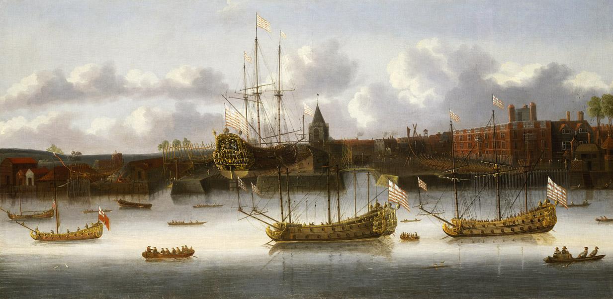 An engraving showing East India Company ships moored at Deptford on the River Thames