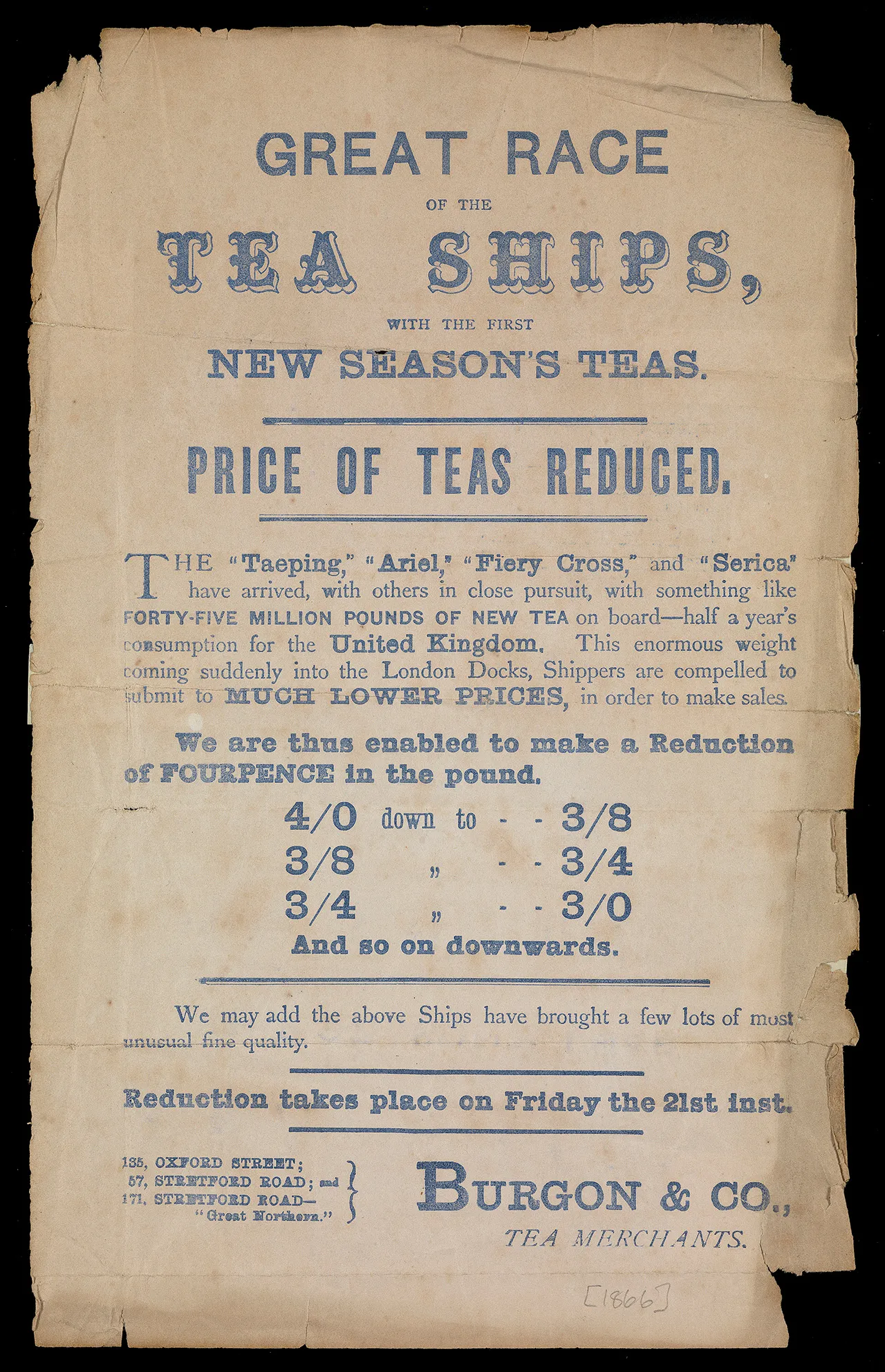 A poster proclaiming the 'Great Race of the Tea Ships', advertising the price of tea