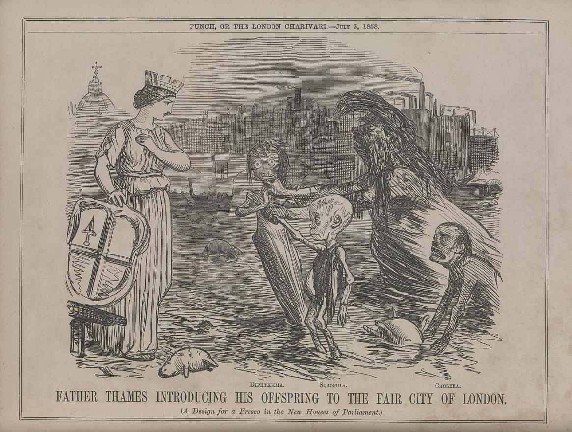 Cartoon depicting Father Thames as the parent of diphtheria, scrofula and cholera, deadly diseases of the Victorian era. From Punch Magazine, 3 July 1858