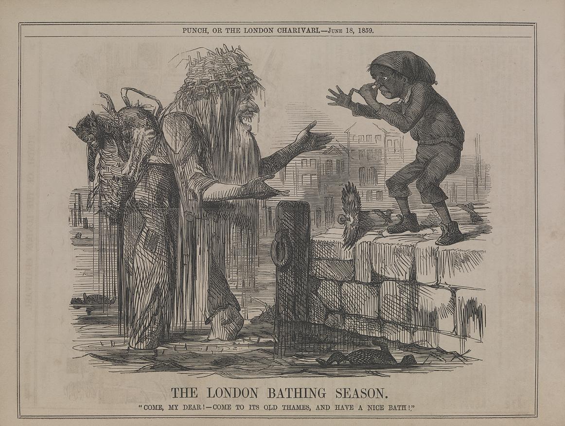 A cartoon depicting Father Thames surrounded by waste, inviting a child to bathe in the disgusting river. Taken from Punch Magazine, 18 June 1859