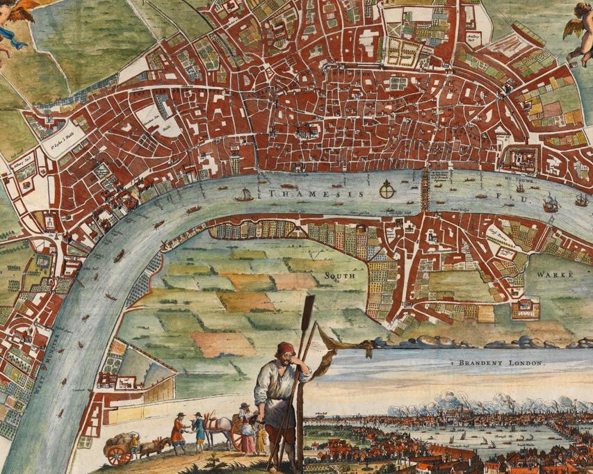A 17th century map of London, with the River Thames running through the heart of the city in blue