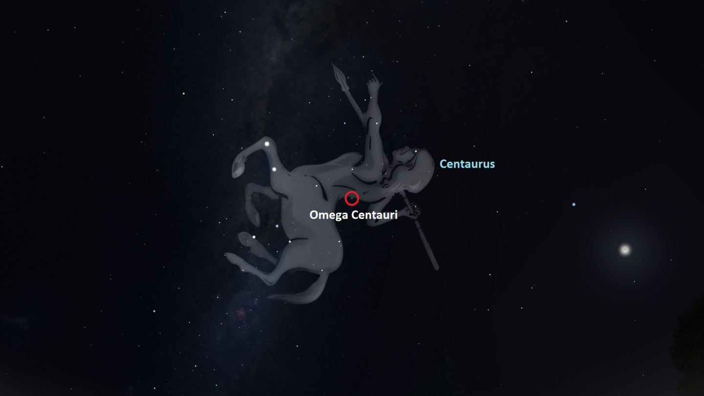 A rendering of the night sky showing the constellation Centaurus and the globular cluster Omega Centauri