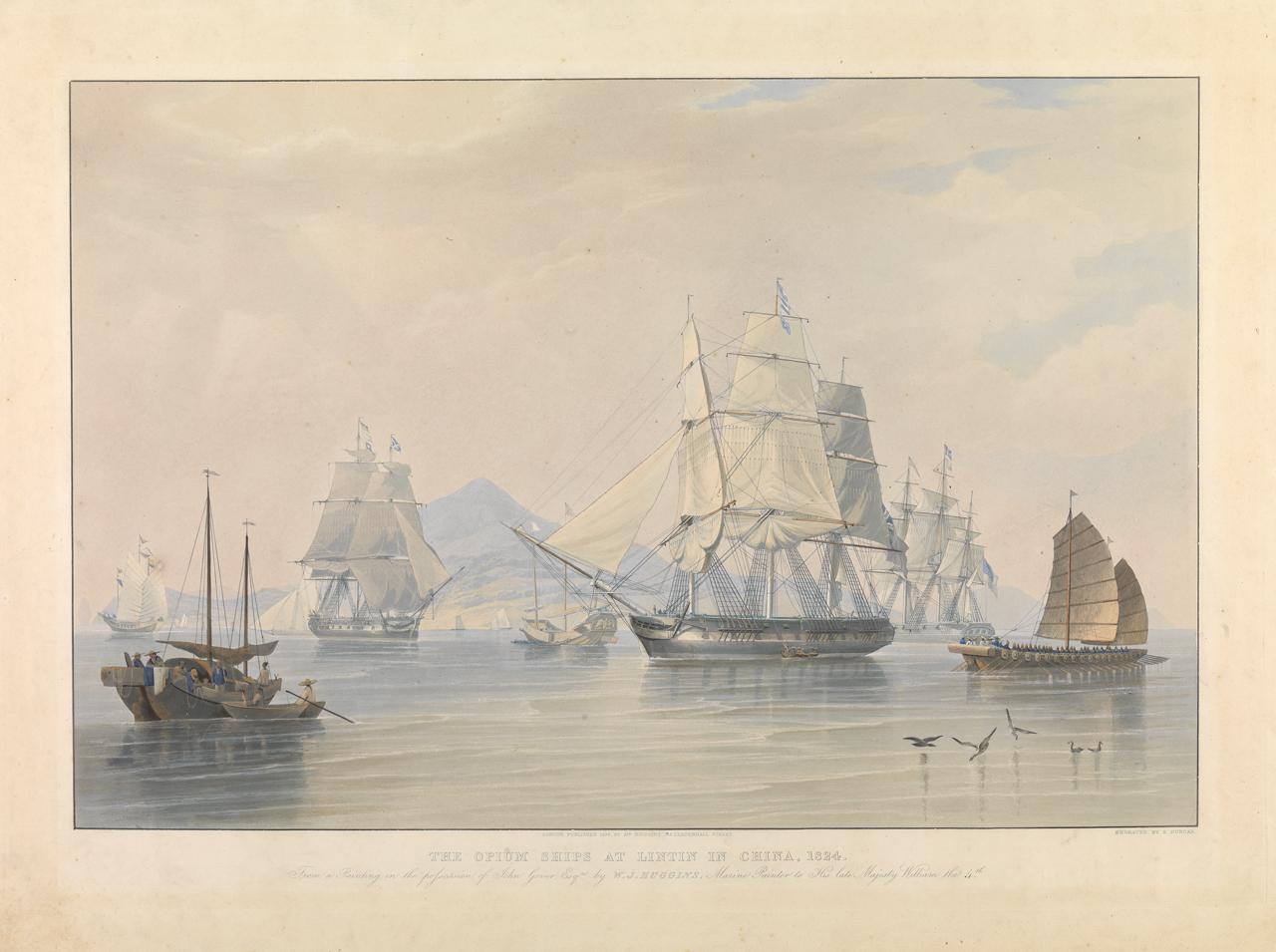 Historic print of sailing ships in China, identified as 'opium ships' in the caption
