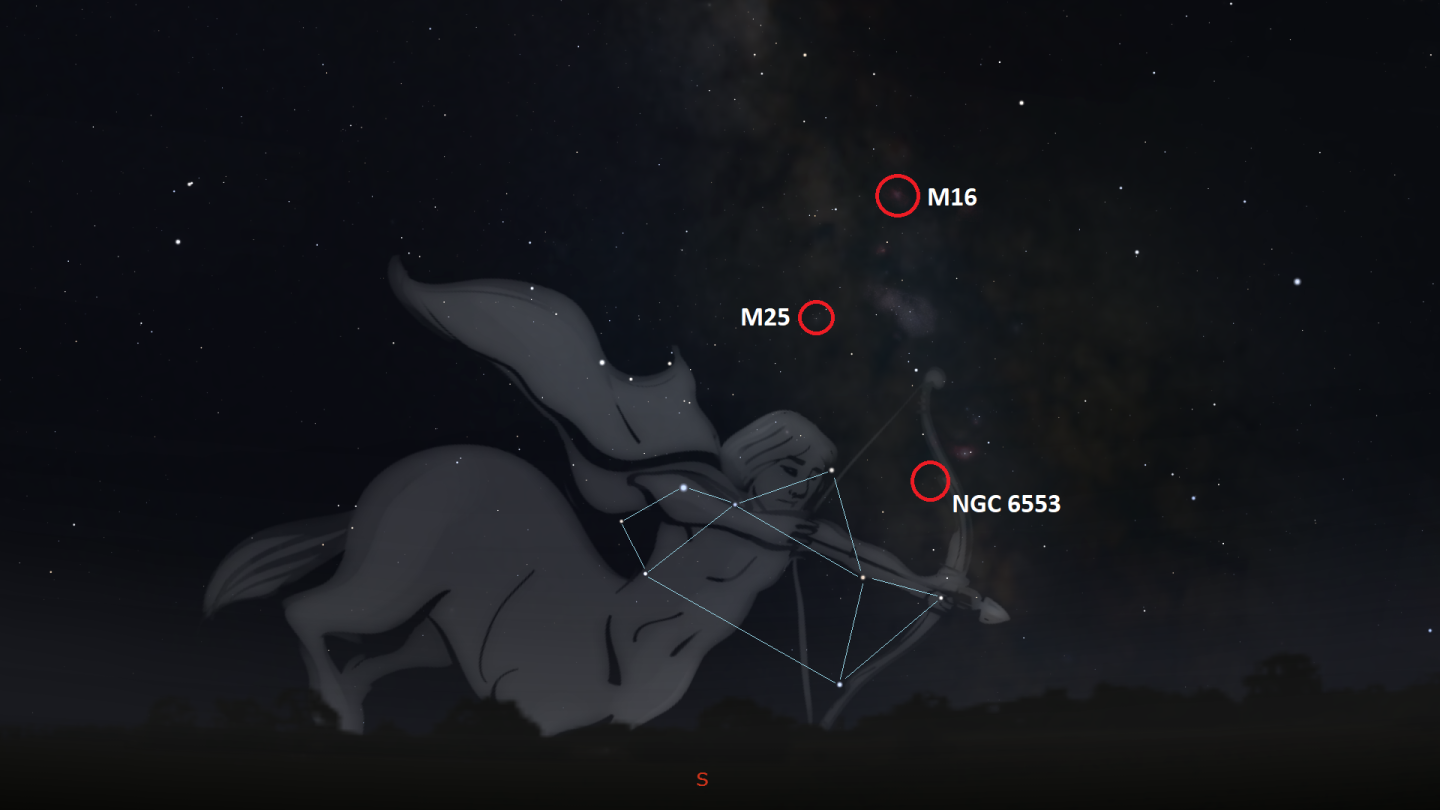 A rendering of the night sky showing the constellation Sagittarius and the asterism called 'The Teapot'