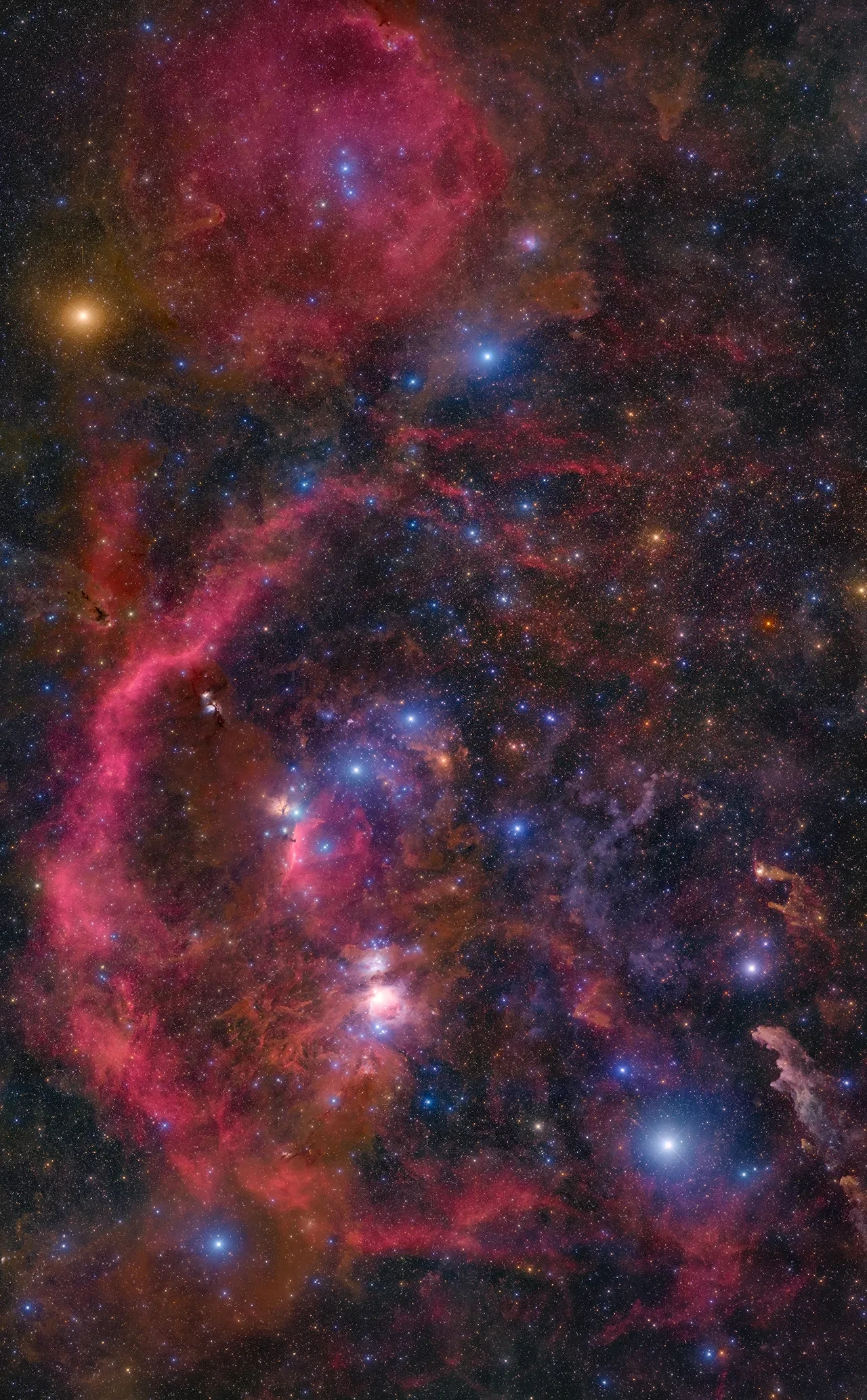 36-panel mosaic of images, showing Orion constellation. Deep purple background with clouds of pink, blue and purple gases and blue stars