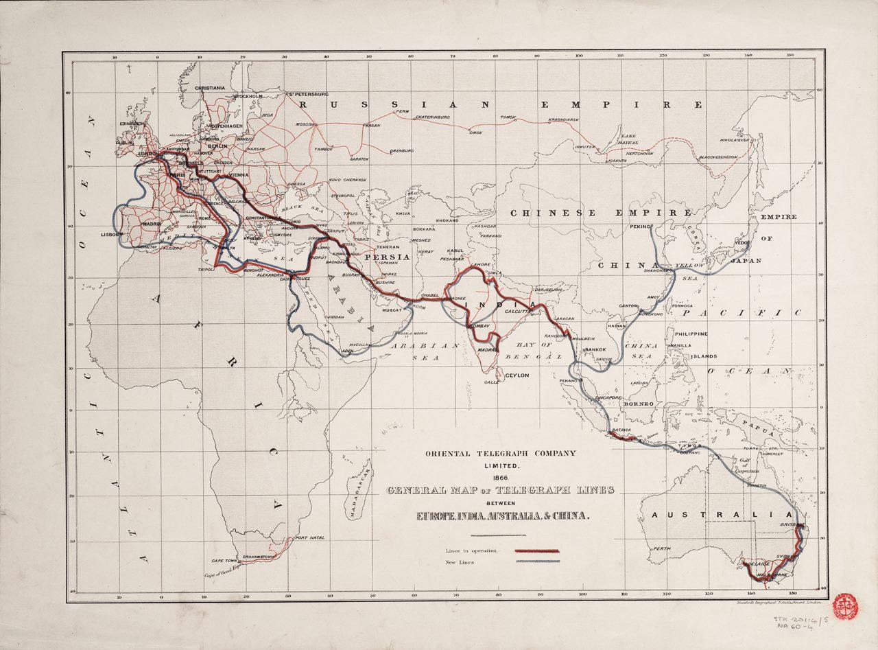 General map of telegraph lines between Europe, India, Australia and China by Oriental telegraph company