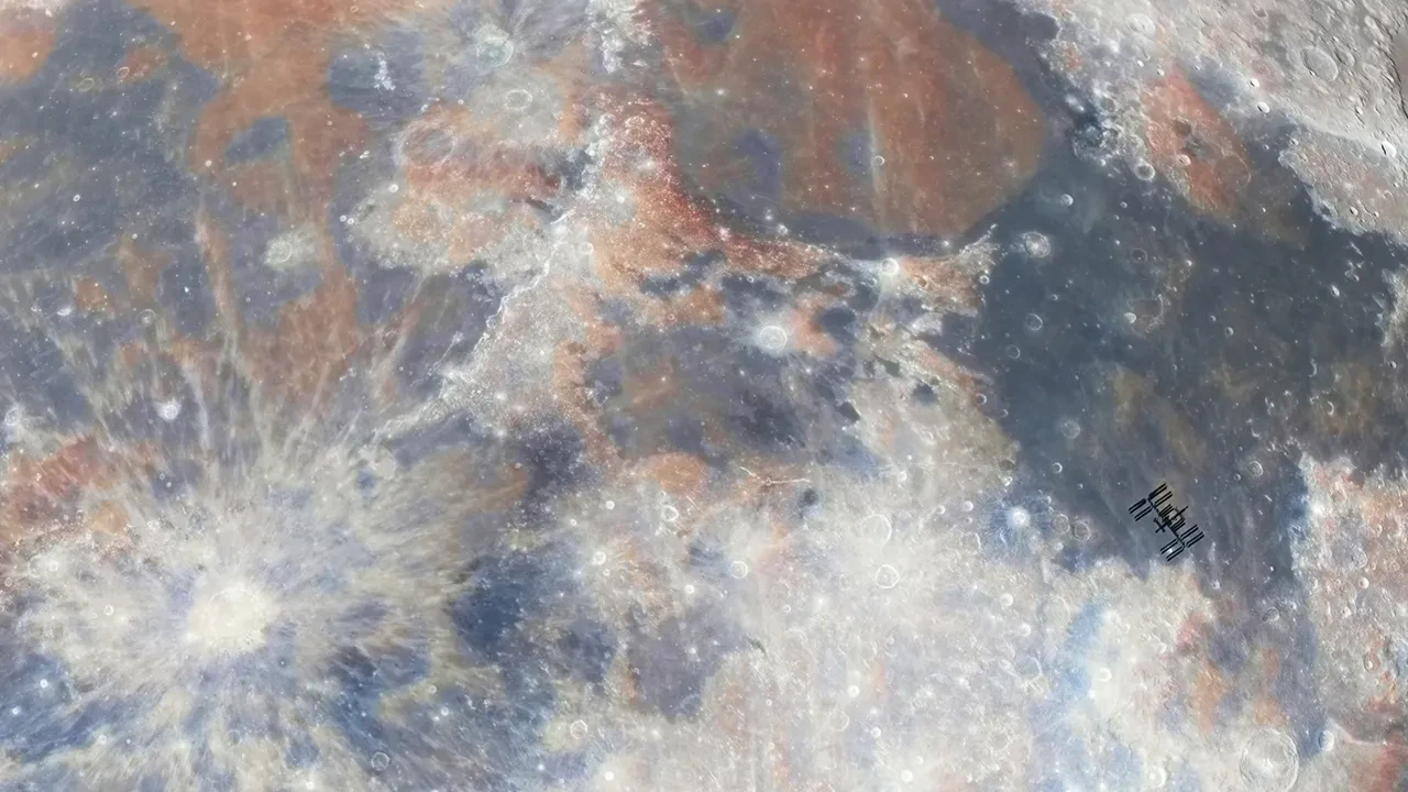 Space station flying over the Moon
