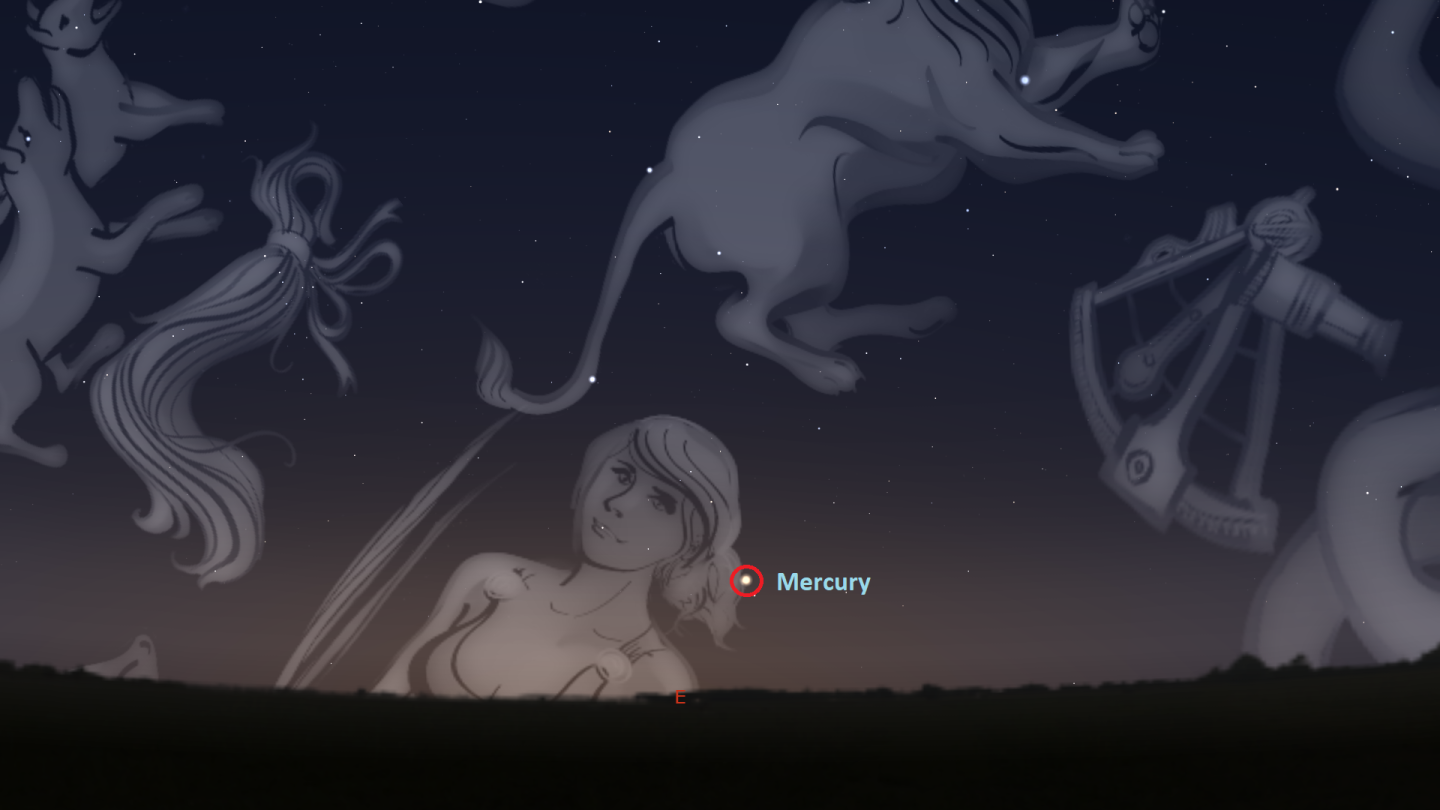 A rendering of the night sky showing the location of Mercury