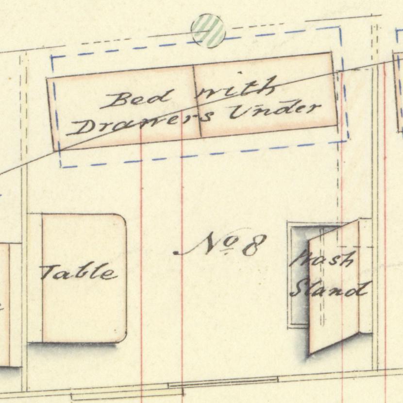 Detail from the lower deck plan of HMS Challenger, showing an example of a cabin reserved for naval and scientific staff. Inscriptions on the plan mark out spaces for a 'Bed with Drawers Under', a 'Table' and 'Wash Stand'
