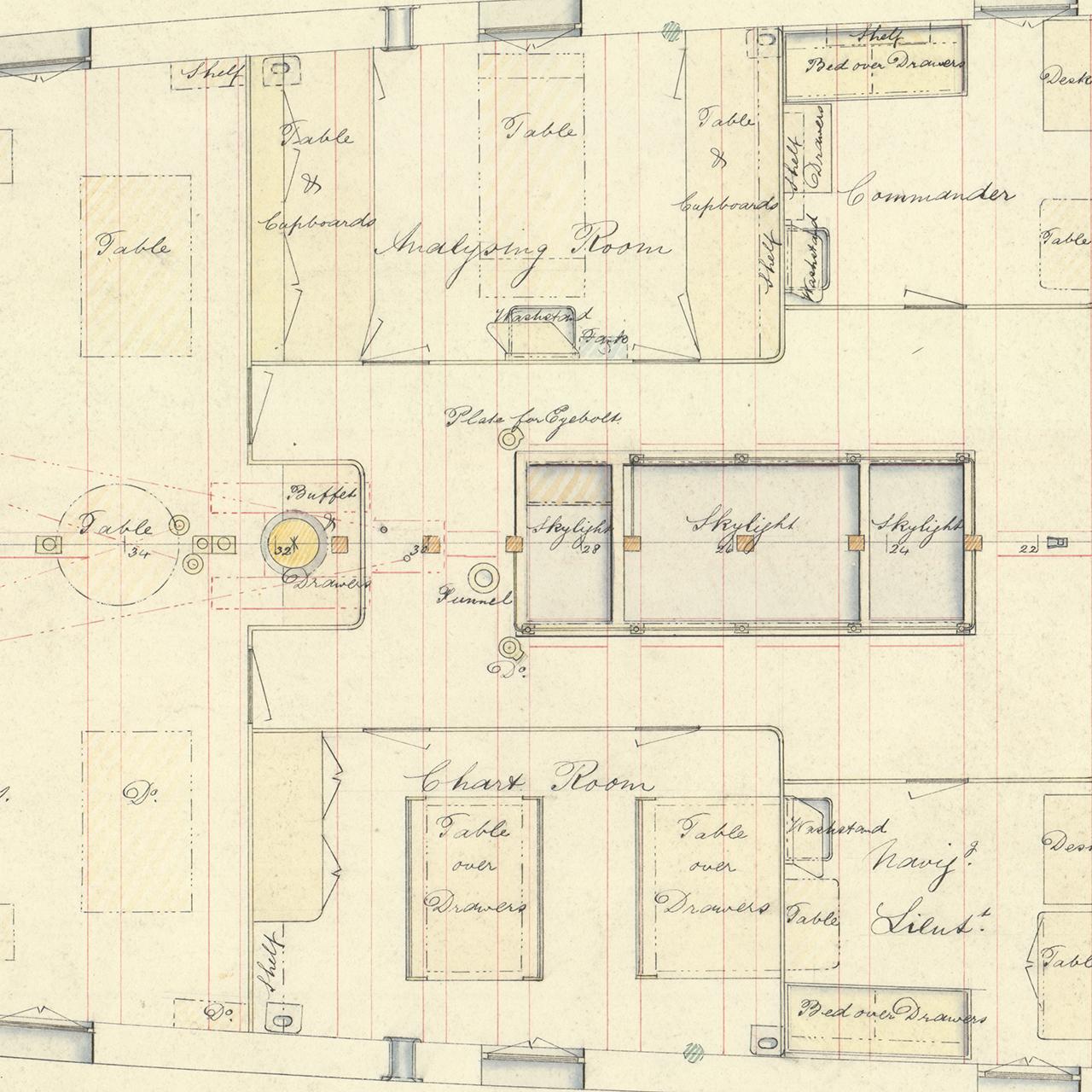 Detail from the main deck plan of HMS Challenger, showing designs for an 'analysing room' and 'chart room' (NPA8446)