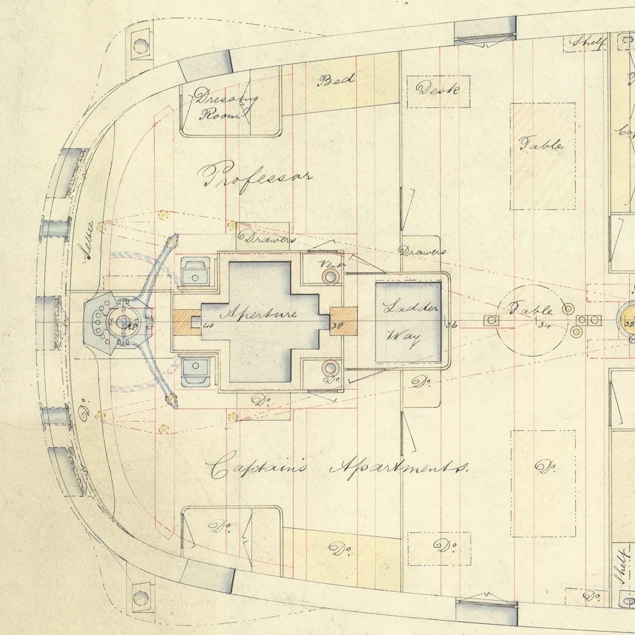 Detail from the main deck plan of HMS Challenger, showing the design for the cabins of captain and lead scientist