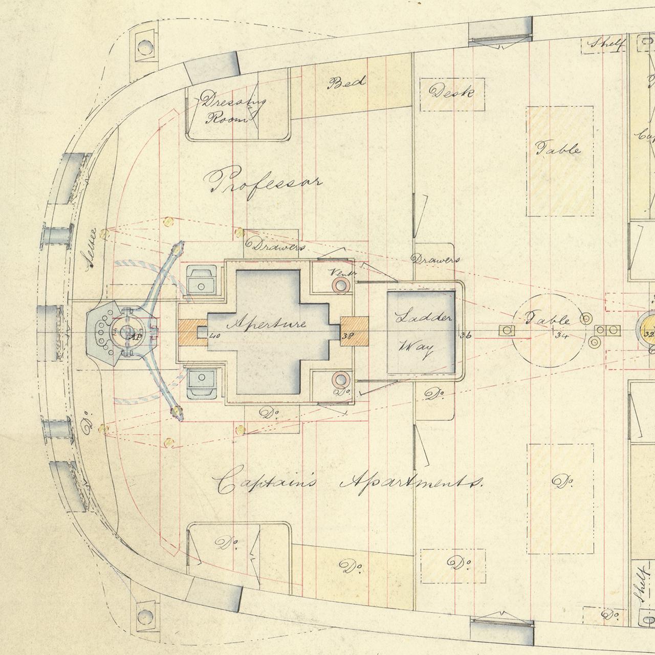 Detail from the main deck plan of HMS Challenger, showing the design for the cabins of captain and lead scientist
