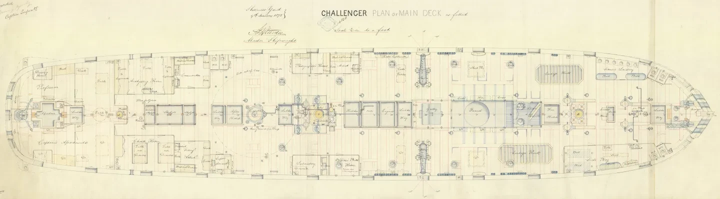 A detailed ship plan showing the main deck of HMS Challenger. Clean architectural lines mark out the arrangements of the various elements on deck