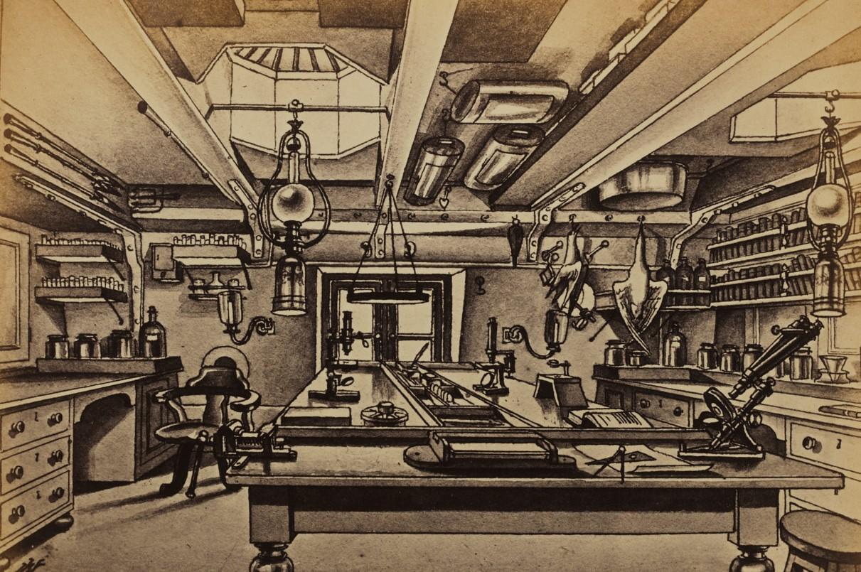 A pen drawing of the analysing room on the main deck of HMS Challenger