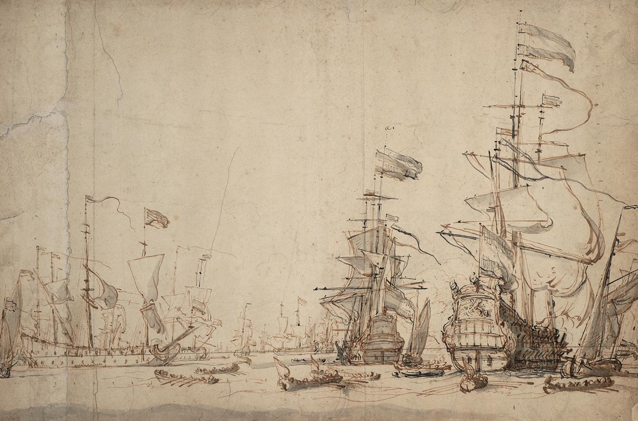 A sketch of a naval scene in pencil and ink. A tall ship on the right has been painstakingly captured, with certain corrections visible in brown ink over the original pencil marks