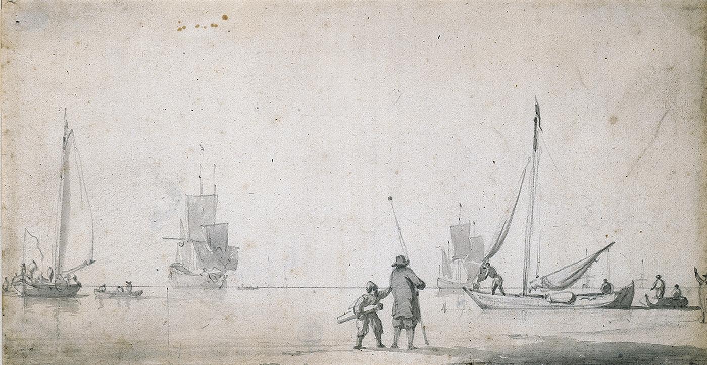 A sketch in pencil and ink wash showing a man and a small boy standing by the shore. The main is holding a staff and the boy a scroll, while out to sea sailing ships and small fishing craft are visible